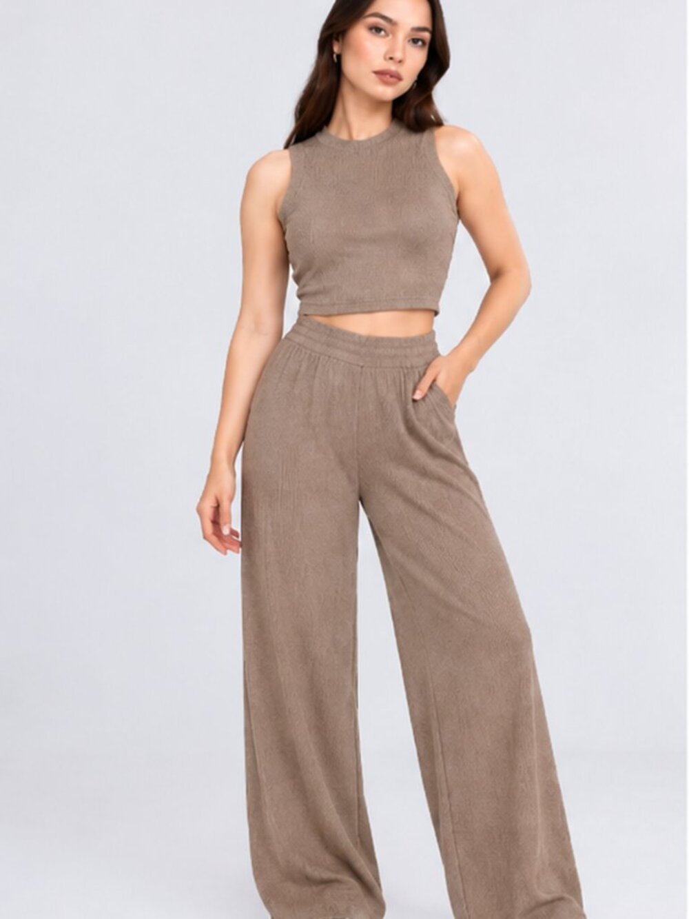 Women's 2 Piece Ribbed Matching Set Sleeveless Crop Top Wide Leg Pants